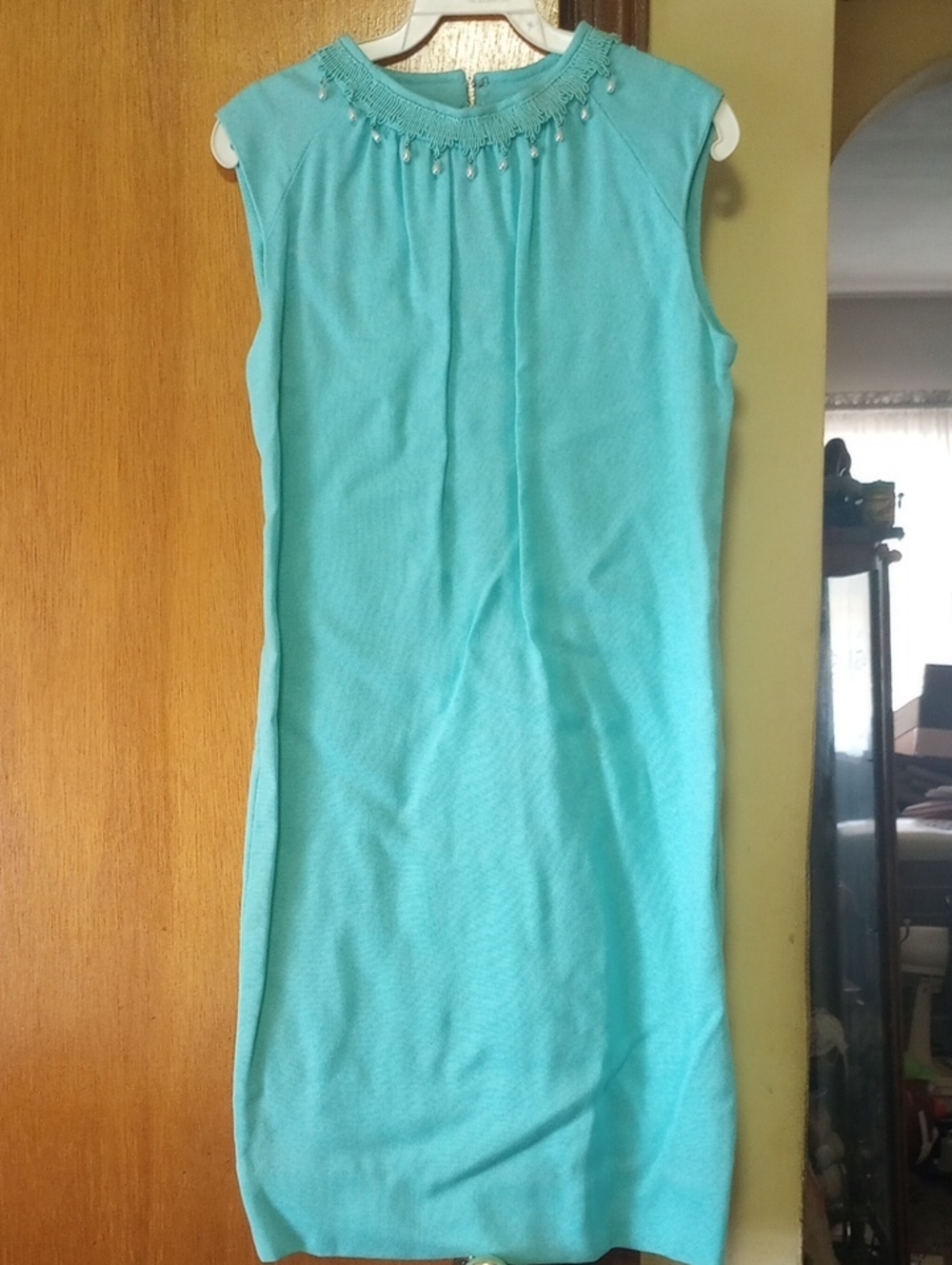 Kay Windsor Vintage Sleeveless Faux Pearl Beaded Aqua/ Mint Green Spring Dress